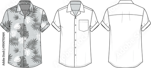 Technical fashion illustration of tropical print short-sleeve shirt with collar, chest pocket, button placket — front and back views