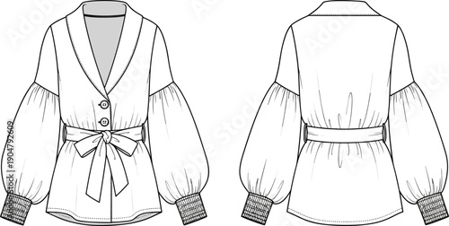 Technical fashion illustration of women's blouse with wide collar, puff sleeves, ribbed cuffs, button placket, and tied waist belt.