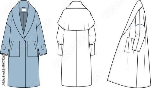Technical fashion illustration of women's coat with notched lapel, patch pockets, cape overlay — front, back, side views