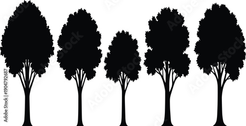 Set of black deciduous tree silhouettes with leafy crowns, isolated forest plant icons for nature, landscape, park, and garden design.