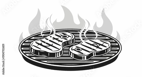 Two juicy steaks grilling on a barbecue with flames and smoke.