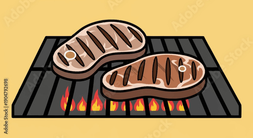 Two juicy steaks grilling on a barbecue with flames underneath.