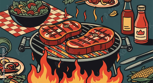 Two juicy steaks grilling on a barbecue with flames.