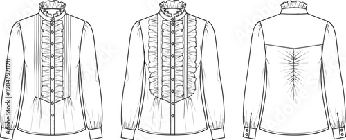 Technical fashion illustration of women's ruffled blouse with high collar, button placket, long sleeves, and gathered back view design.