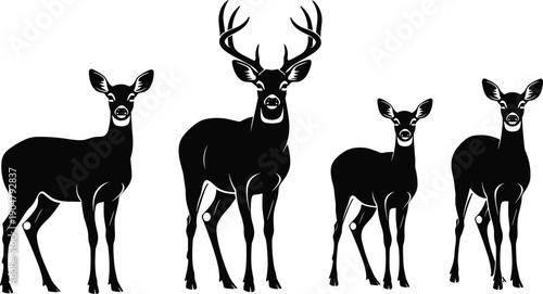 Set of black deer silhouettes with buck and does, isolated forest animal icons for hunting, nature, wildlife, and rustic logo design.