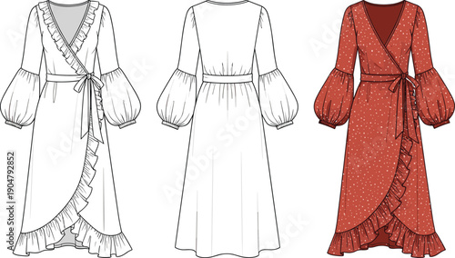 Technical fashion illustration of women's wrap dress with ruffled trim, puff sleeves, tie waist, and polka dot fabric rendering
