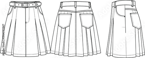 Technical fashion sketch of pleated skirt with belt, pockets, and waistband — front, back, side views for garment design
