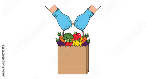 Gloved hands carefully holding a brown paper bag overflowing with fresh, healthy fruits and vegetables for safe grocery