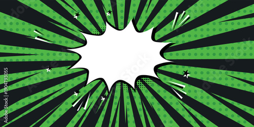 Green comic explosion background with puff clouds, lightning bolts, and halftone elements. Dynamic and playful design for storytelling and energetic visuals.