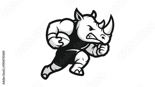 Rugged rhino mascot running with determination in monochrome style
