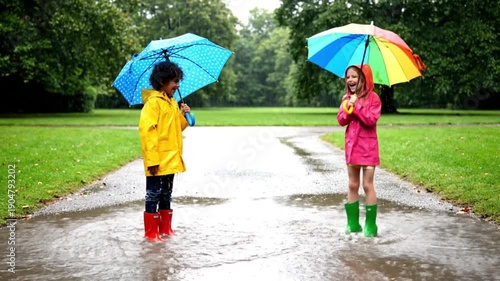 Two joyful girls sharing colorful umbrellas while standing on a wet park path during a gentle rain, side view highlighting friendship, bright raincoats, and lush green surroundings