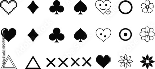 Minimal Symbol Icon Set with Hearts Card Suits Flowers Geometric Shapes and Pixel Elements in Black and White Style for UI Designs