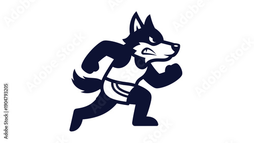 Running wolf character illustration in dark blue with aggressive expression on white background