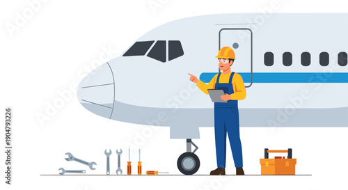 Diligent airline mechanic in a safety helmet and overalls conducting pre-flight inspection on a commercial aircraft,