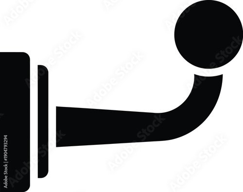 A minimalist black icon of a vehicle tow hitch with a spherical ball on a white background