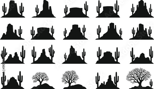Set of desert canyon silhouettes with saguaro cactus and arid trees, isolated black landscape icons for western, nature, and travel design.