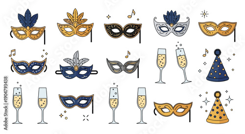 Festive collection of elegant carnival masks, sparkling champagne glasses, and vibrant party hats, perfect for