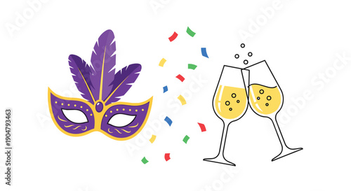 Vibrant purple feathered carnival mask and two clinking champagne glasses surrounded by colorful celebratory confetti,