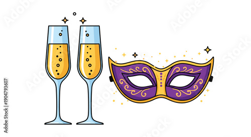 Elegant composition featuring two sparkling champagne glasses filled with celebratory bubbles alongside a luxurious