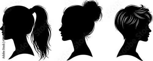 Elegant vector silhouettes of female profiles featuring three distinct hairstyles including a high ponytail, messy bun, and short pixie cut.