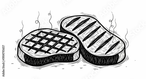 Two grilled steaks with grill marks and steam.