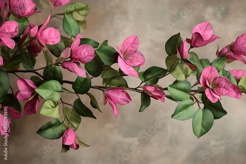A close-up of realistic bougainvillea vines, densely packed with vibrant magenta bracts and green leaves, sharply focused against a blurred neutral backdrop 