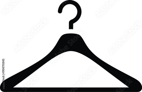 A black clothes hanger silhouette featuring a stylized question mark hook, isolated on a white background