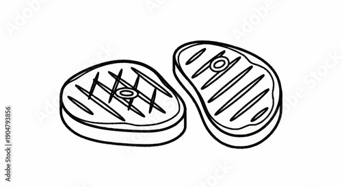 Two grilled steaks with grill marks on a white background.