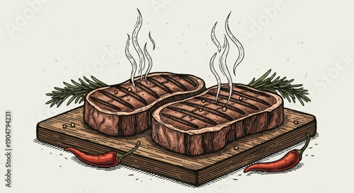 Two Grilled Steaks with Rosemary and Chili Peppers on a Wooden Board.