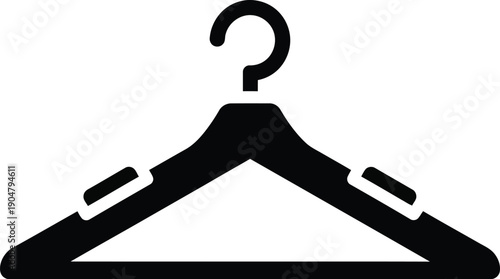 A minimalist black silhouette icon representing a clothes hanger, featuring a triangular shape and a hook.