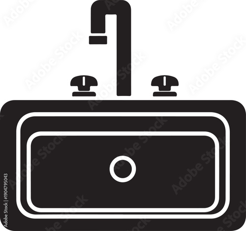 Bathroom sink with faucet and two handles icon in gray on white background