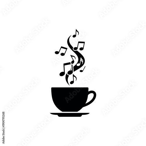 Steaming coffee cup with musical notes rising, black and white vector illustration symbolizing music, harmony, or a relaxing atmosphere.