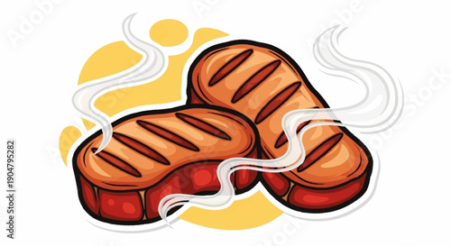 Two juicy grilled steaks with smoke rising.