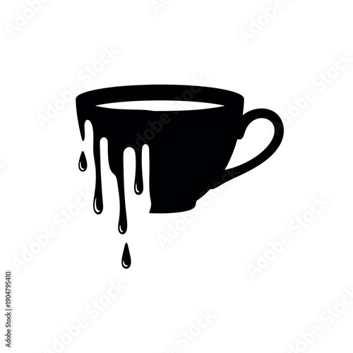 Black silhouette of a coffee cup with liquid dripping like melting wax, vector illustration for concepts of loss or instability.