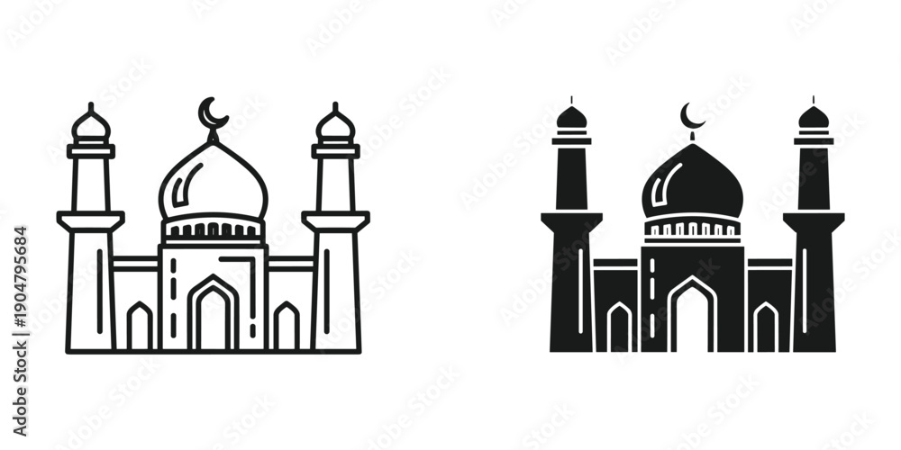 Obraz premium Black and white outline illustrations depict a traditional islamic mosque with minarets and a crescent moon high quality professional detailed modern elegant stylish clean crisp vibrant