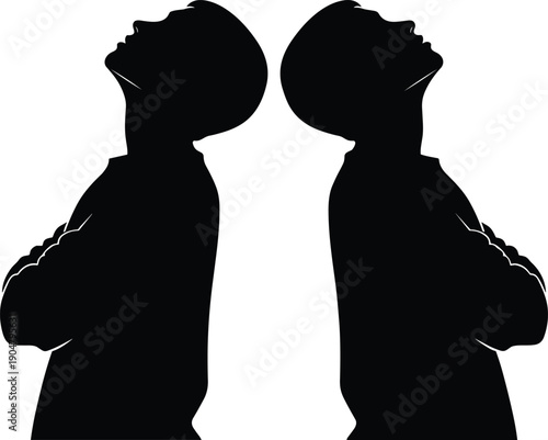Two people silhouette standing back to back looking upward representing confidence reflection duality mindset contrast psychology concept illustration