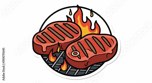 Two juicy steaks grilling on a barbecue with flames.