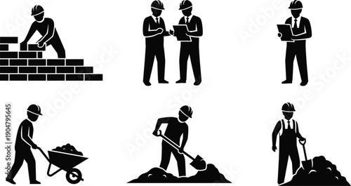 Vector construction worker icons set featuring silhouettes of professional builders, engineers, and laborers performing masonry, site planning, shoveling, and material transport.