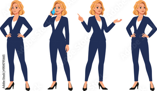 Versatile Set of Blonde Businesswoman Character Poses in Blue Suit Standing and Talking on Phone Representing Leadership and Corporate Communication Mastery
