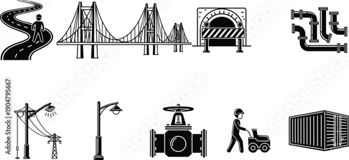 Vector illustration of infrastructure and construction icons including road, bridge, tunnel, pipes, streetlight, utility pole, valve, container