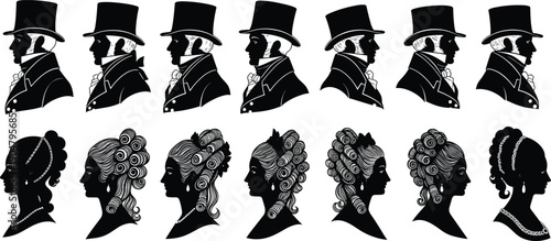 Victorian era silhouette portraits collection featuring elegant gentlemen and women profiles, vintage hairstyle and fashion illustration set isolated