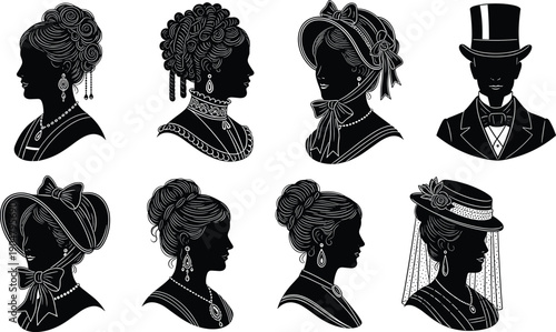 Victorian era silhouette portraits set of elegant women and gentleman profiles, vintage hairstyle fashion illustrations isolated on white