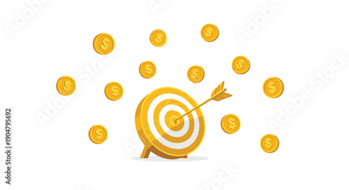 Vibrant illustration of direct financial success, showcasing a golden target hit by an arrow, with numerous dollar