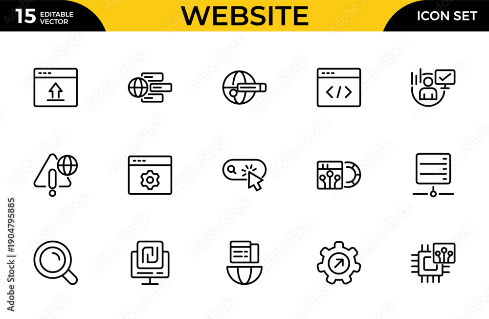 Fototapeta premium Website Line Icon Collection – Network Connection, Data Center, Digital Service, Database Platform, Code, API, Programming and App Flow Outline Icons Set, Vector Illustration