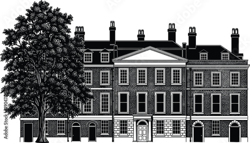 Vintage Black and White Vector Illustration of a Classic Georgian Style British Manor House with a Large Tree and Chimney Stacks