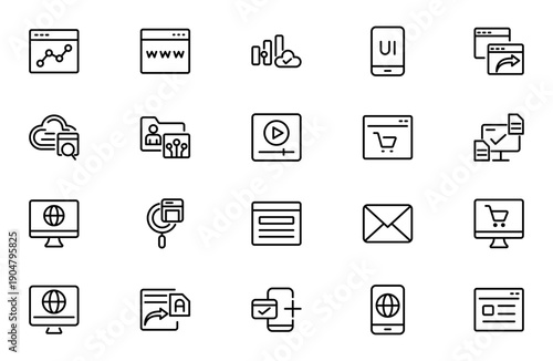 Website Line Icon Collection – Network Connection, Data Center, Digital Service, Database Platform, Code, API, Programming and App Flow Outline Icons Set, Vector Illustration