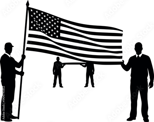 Silhouette of a group of people proudly holding a large American flag together representing national unity, patriotism, and community spirit.