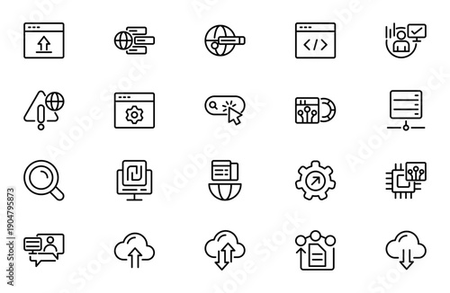 Website Line Icon Collection – Network Connection, Data Center, Digital Service, Database Platform, Code, API, Programming and App Flow Outline Icons Set, Vector Illustration