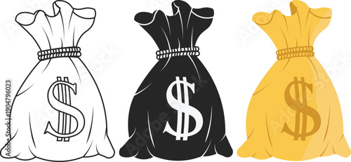 Set of hand drawn money bag silhouettes with dollar sign icon, Minimalist black and white money bag icon set,  Dollar sack money icon, money sack symbols for finance, banking, and business design use.