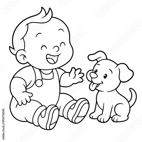 Baby sitting and playing with a puppy dog coloring page illustration. Friendly scene for kids coloring books and early learning activities. Main object and background are separated.